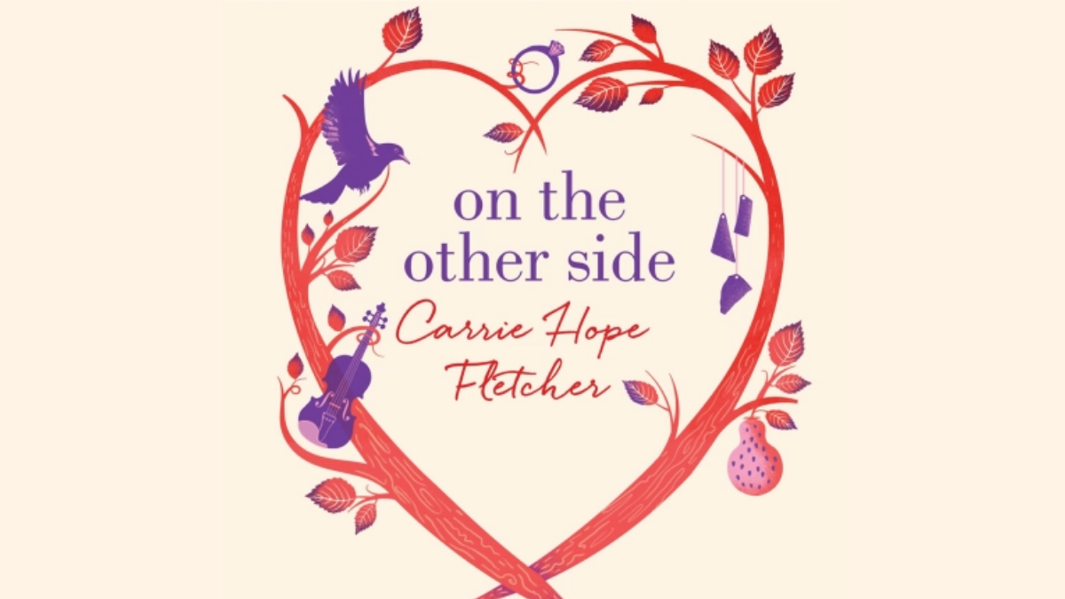 The cream coloured cover of 'On the Other Side', showing a red love heart outline in the middle and text inside which reads, 'On the Other Side, Carrie Hope Fletcher'.